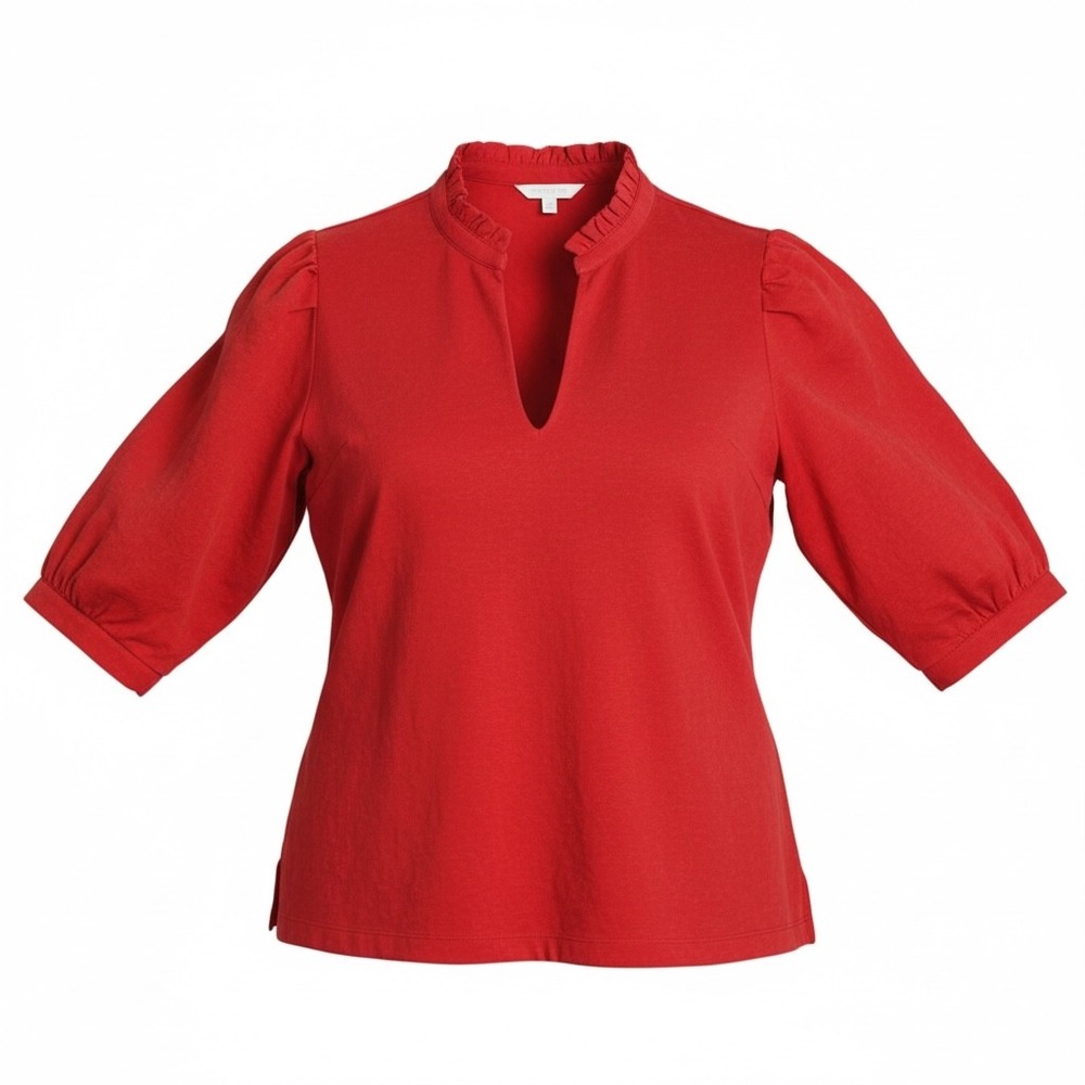 Crown & Ivy Womens 3X Red Textured Ruffle Split Neck Puff 3/4‎ Sleeve Blouse